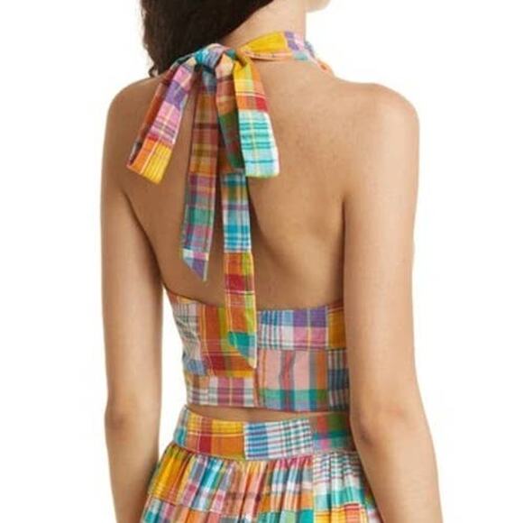 Staud x Birkenstock Womens Kai Halter Top 4 Yellow Madras Patchwork Plaid NWOT - Picture 2 of 11